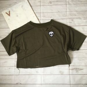 womens s green ripped top alien patch grunge pu